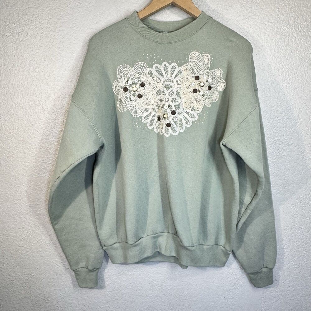 Cottagecore Crewneck Sweatshirt Sage Green Crochet Lace Embellished Hanes XL